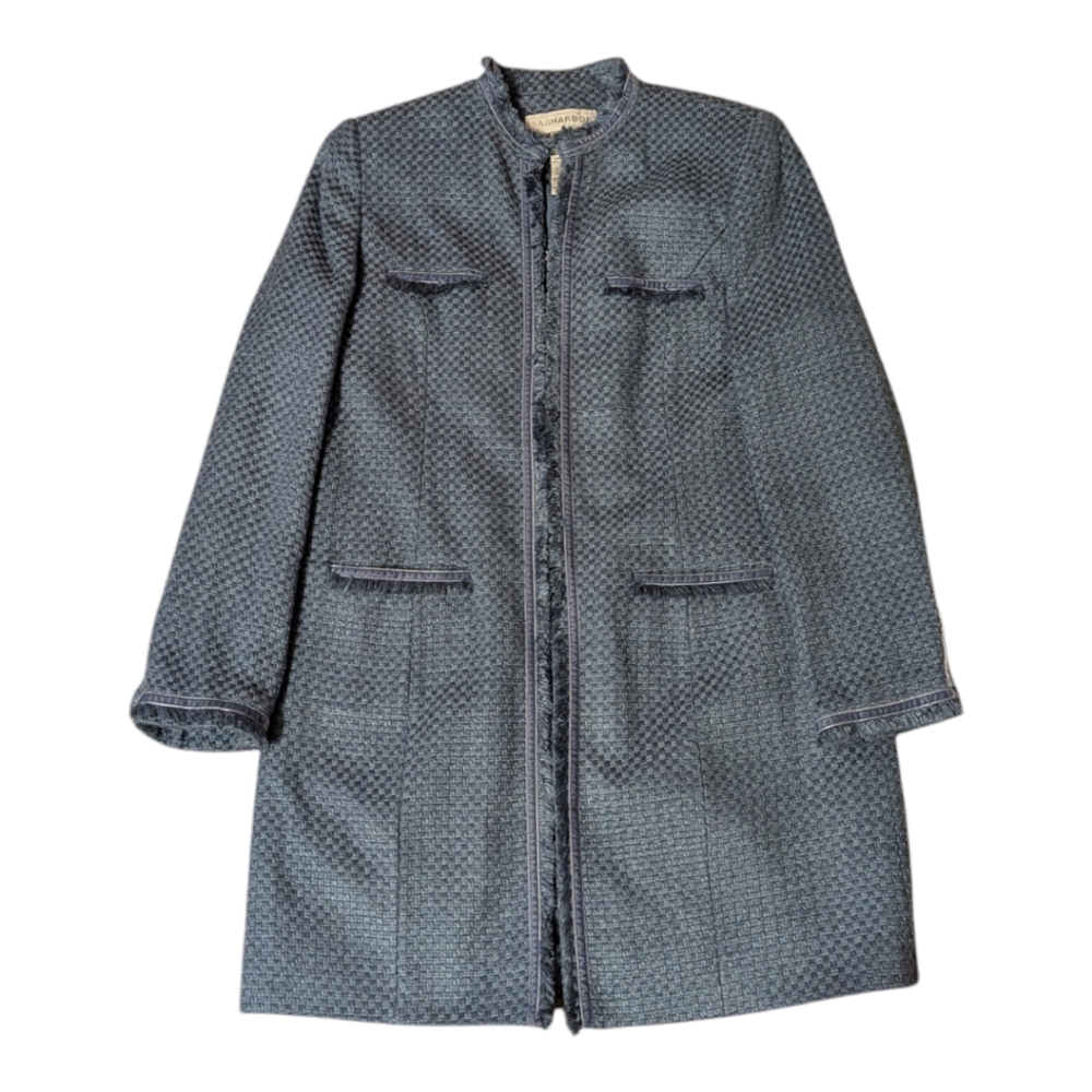 VTG 90s Sag Harbor Blue Multi Tweed 3/4 Length Lined Blazer Coat Women's 12 - Picture 1 of 11